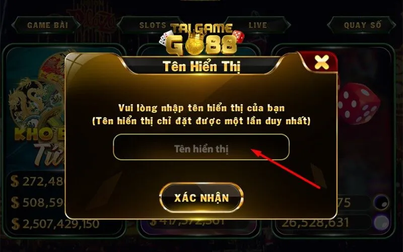 Giao diện đặt tên thông tin người dùng Go88