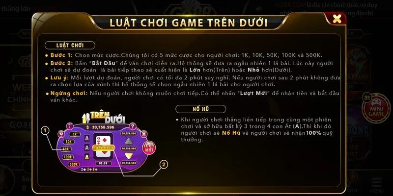  Mini game Trên Dưới Go88  được đánh giá có luật chơi đơn giản, dễ hiểu